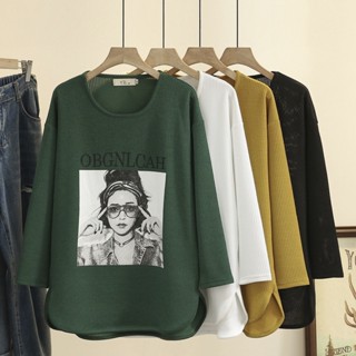 【W-SHOP】ⓀM-3XL 歐貨大版T恤 大尺碼上衣 寬鬆上衣 大尺碼女春裝美女印花寬鬆長袖時髦洋氣打底衫