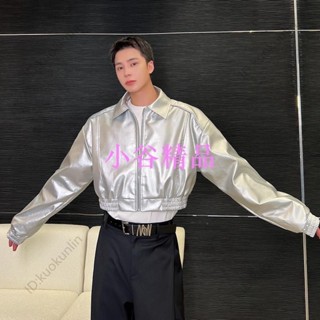 🔱紐智1🔱十月原創新款秋冬款銀色亮面翻領皮衣外套男高級感潮牌痞帥韓版短版PU皮夾克潮gdfgABAB