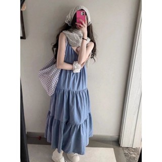 【免運】日韓學院風法式復古V領藍色吊帶洋裝女夏季海邊度假風中長裙子