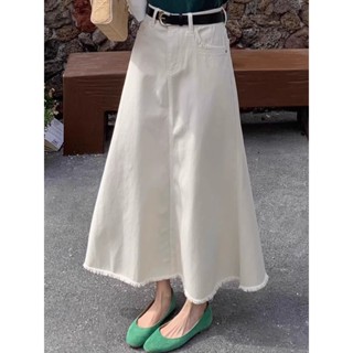 【PING'S🌞】米白色 牛仔 半身裙 女 春秋 高腰 顯瘦 小個子 毛邊 中長款 長裙 牛仔長裙 白色牛仔長裙