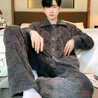 新品熱銷＃秋冬睡衣男士珊瑚絨加厚加絨翻領套裝韓版男冬天長毛絨外穿家居服3*23