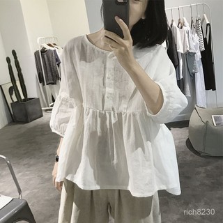 亞麻上衣 棉麻衫 棉麻娃娃衫女 夏季寬鬆大碼五分袖設計感小眾亞麻燈籠袖襯衫天絲 棉麻女裝 顯瘦上衣0323 HR28