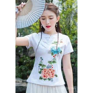 打底衫 上衣 新中式上衣 國風上衣 小衫 民族風T恤新款夏季繡花大碼女裝中國風立領時尚修身短袖上衣