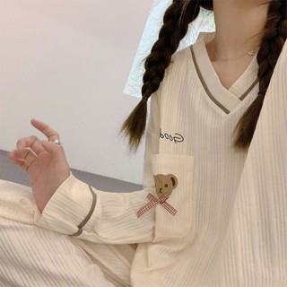 簡單美 可愛ins小熊蝴蝶結睡衣 女日系春季V領甜美長袖寬松休閑家居服套裝 睡衣套裝