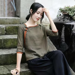 短袖T恤 素t 復古襯衫 襯衫女 七分袖上衣女 寬鬆襯衫 純棉夏裝上衣仿棉麻唐裝 中國風 女裝茶服茶藝師服裝民國小衫潮