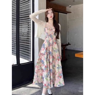 💛限時下殺💛法式茶歇碎花吊帶連衣裙女 海邊度假沙灘長裙 海邊度假風洋裝 洋裝 連身裙 套裝 裙裝 防曬罩衫 小外套 長裙