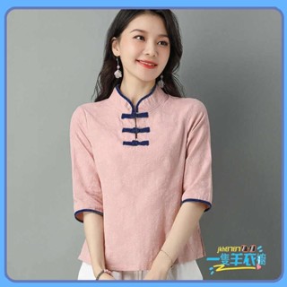 一隻羊 古著漢服 中國風上衣 改良旗袍上衣 大尺碼上衣女 復古襯衫 短袖襯衫女 五分袖上衣 媽媽裝 夏季