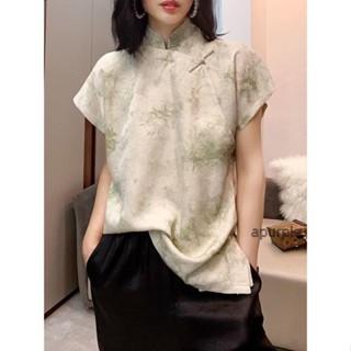 臺灣出貨💖年春夏季新款時尚復古通勤扎染工藝立領短袖旗袍式盤扣上衣女