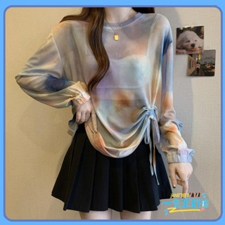 新款 【店鋪熱銷】大碼扎染長袖t恤女夏季薄款防曬罩衫微胖mm設計感抽繩不規則上衣 一隻羊