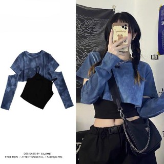 『免✨運+快✨出』秋季長袖寬鬆上衣女高腰露臍短上衣背心兩件套