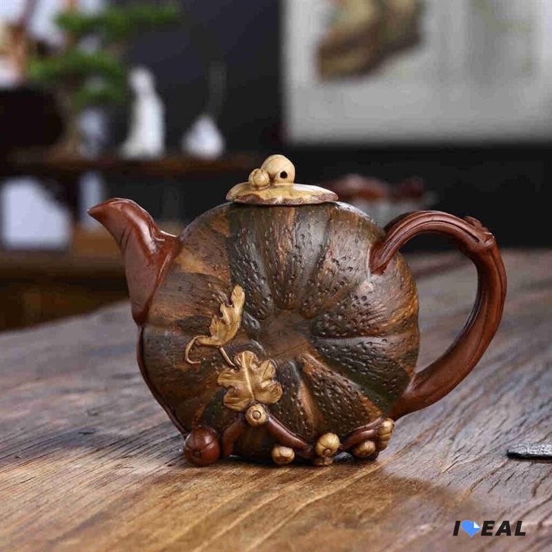 中国古美術・原鉱底槽清、紫砂泥、カボチャ提梁壺、汪寅仙紋 紫砂壺・急須 中国古美術・原鉱底槽清、紫砂泥、カボチャ提梁壺、汪寅仙紋