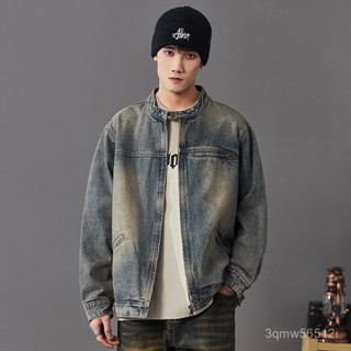 JTL品質優選-黃泥染牛仔外套男春秋季美式潮牌水洗複古做舊寬鬆高級感工裝夾克