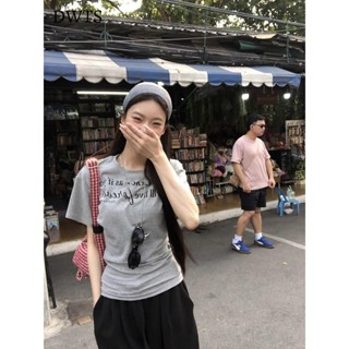 臺灣出貨[DWTS]純棉美式字母印花灰色顯瘦短袖2025夏季新款復古獨特修身設計上衣