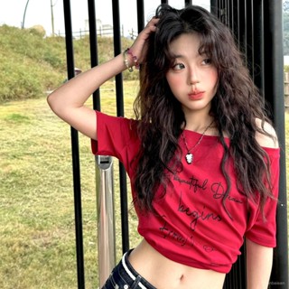 美式短袖T賉 復古設計感字母印花短袖T恤女夏季新款寬鬆顯瘦性感露肩上衣 正肩上衣 短袖T恤 夏季女裝 4ZNB