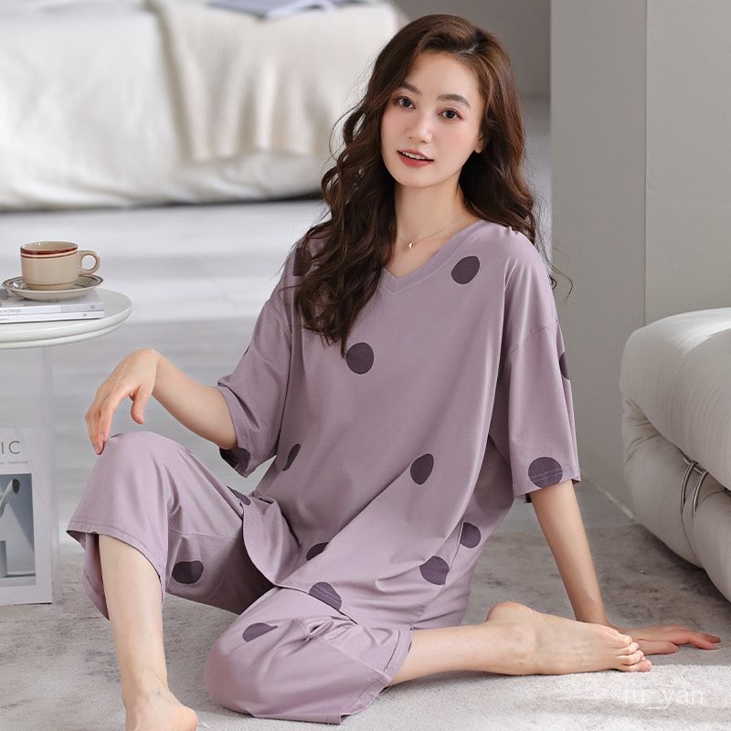 帶胸墊睡衣女夏季薄款莫代爾棉短袖七分褲媽媽夏天外穿家居服套裝 3DFX