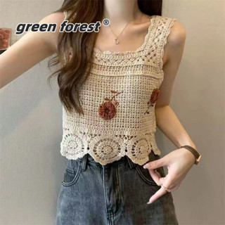 [Green Forest]2025鉤花復古新款鏤空背心夏季民族風吊帶方領無袖針織短款上衣度假風