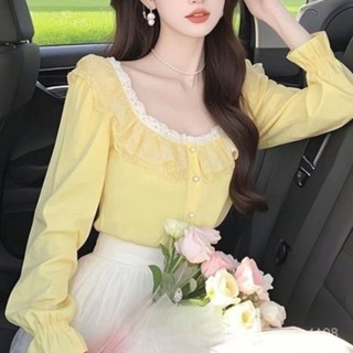 新品 上衣女 【1018人收藏】法式高階感黃色蕾絲領長袖襯衫女春季設計感獨特小眾減齡好看上衣 上衣夏天 設計感 百搭 F