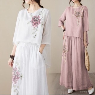 新品 套裝女 套裝夏天 【1978人收藏】棉麻複古刺繡套裝女夏季套頭短袖輕薄闊腿褲顯瘦上衣褲子兩件套裝 EGL4
