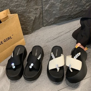 大尺碼 時尚拖鞋懶人鞋 厚底增高夏季外穿女鞋歐洲站涼拖鞋女夏外穿時尚2025新款水鑽高階感厚底涼鞋夾趾沙灘鞋
