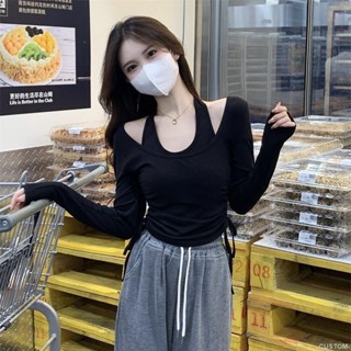 🤍CUSTOM🤍 小性感長袖T恤 辣妹純慾風假兩件掛脖長袖女春秋新款修身顯瘦側邊抽繩上衣 女裝 A5