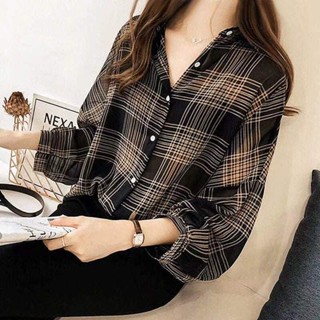 Luzi🍀M-4XL大尺碼襯衫女早秋女裝新款chic寬松BF格子長袖港味上衣韓範襯衣外套
