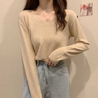 Luzi🎀韓版V領針織長袖T恤女秋季顯瘦內搭打底上衣薄款上衣針織上衣毛衣長袖上衣寬鬆上衣顯瘦上衣冬裝