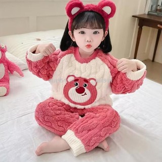 ✨特價✨♠兒童睡衣♠睡衣兒童女孩卡通小熊頭睡衣珊瑚絨保暖女寶寶法蘭絨冬家居服套裝kut951