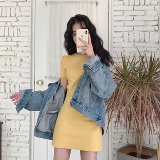 【桃園】女裝時尚穿搭素色短袖連衣裙 洋裝 連身裙棉質