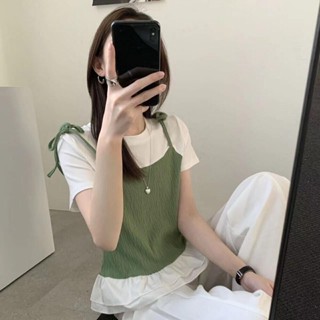 假兩件上衣 短版上衣💕【2064人收藏】甜美撞色拼接假兩件短袖T恤女2025春夏新款正肩別致小眾打底上衣