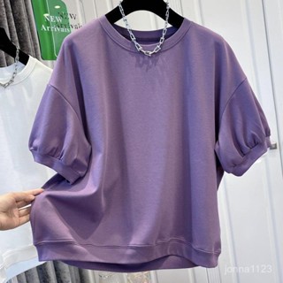 💟臺灣出貨💟純棉大碼胖mm2-300斤純色基礎款短袖T恤女裝上衣泡泡袖氣質高級潮 短T 素T 寬鬆短袖 圓領T恤 大碼