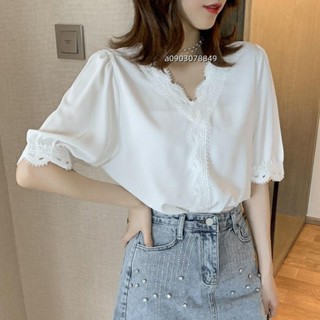 免運出貨🌸襯衫女V領套頭襯衣設計感小眾上衣大尺碼襯衫七分袖韓版寬鬆襯衫蕾絲拼接雪紡襯衣宮廷風休閒穿搭上衣ins潮
