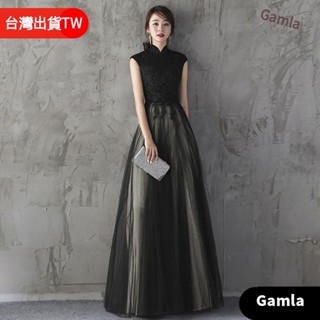 特惠💖Gamla 黑色立領小禮服 尾牙春酒派對洋裝 優雅端莊大氣質裙主持人宴會晚禮服 蕾絲顯瘦黑色長禮服 客製化洋裝
