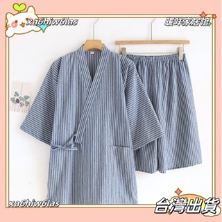 xa6hiw6las✨日系短袖和服睡衣男士純棉水洗棉 休閒寬鬆夏季和服套裝 薄款短袖短褲汗蒸服 日式男睡衣家居服套裝