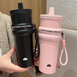 【順順館】710ml時尚不銹鋼304保溫瓶帶吸管防漏咖啡茶冷飲汽車保溫瓶旅行不倒翁