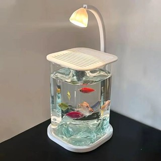魚缸 小型魚缸 鬥魚專用魚缸 桌麵擺件 超白小型懶人玻璃缸客廳創意桌麵擺件高階感觀賞燈 DEWT