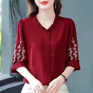 高階刺繡V領中袖襯衫女 夏裝媽媽寬鬆遮肚 小衫洋氣中老年雪紡上衣媽媽裝 大碼女裝
