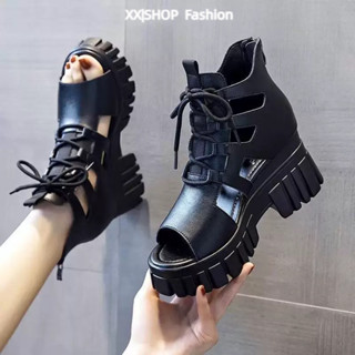 【XX|茜茜 SHOP】真軟皮厚底馬丁靴 夏季網靴 鏤空靴子女士 中筒靴 網紗女靴 真軟皮增高鞋 鏤空透氣顯瘦羅馬涼鞋