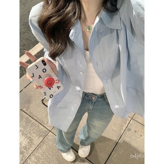 臺灣出貨【店鋪熱銷】高階感藍色POLO領長袖襯衫外套女秋季寬鬆休閒開衫襯衣中長款上衣 夏季上衣 透氣上衣 辣妹上衣 短款