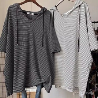 【VIVI安】胖mm大碼女裝 短袖帽t 春夏新韓版簡約休閒大碼條紋短袖T恤300斤胖MM寬鬆顯瘦連帽女上衣