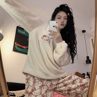 (典藏私櫥)日系可愛毛絨睡衣女 牛奶絨睡衣 冬季加厚睡衣套裝 保暖法蘭絨睡衣 大碼睡衣 加絨 卡通長袖居家服 可外穿