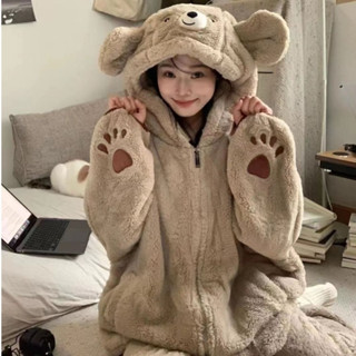 (典藏私櫥)珊瑚絨睡衣套裝 可愛小熊造型睡衣 冬天睡衣 保暖睡衣 毛絨睡衣 可外穿居家服 加絨加厚 珊瑚絨睡衣女