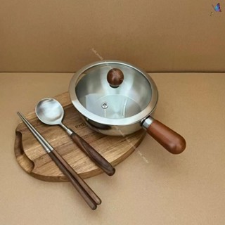 🚛304不鏽鋼胡桃木單柄碗 無塗層小湯鍋 家用沙拉焗飯碗 帶手柄煎蛋小鍋 不鏽鋼泡麵碗 帶蓋小奶鍋