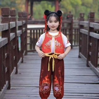 臺灣出貨 哪吒衣服 兒童t恤 哪吒 夏季 純棉 兒童上衣 短袖上衣 哪吒兒童套裝服裝中國女童哪吒cos國潮春裝衣服漢服六