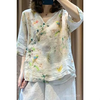 【PE】古著襯衫 棉麻襯衫 民族風v領碎花寬鬆棉麻上衣女夏中袖襯衫盤扣文藝複古中國風女裝