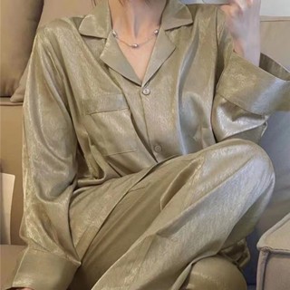 美樂小鋪 冰絲睡衣 女生睡衣 居家服 睡衣女 居家睡衣 睡衣 高階感冰絲睡衣女春秋季長袖長褲新款ins絲綢家居服套裝秋天