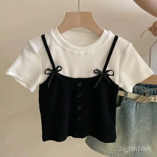 【​Playful】萌童坊 夏季新款韓版洋氣中小兒童女孩寶寶可愛蝴蝶結假兩件短袖T恤上衣