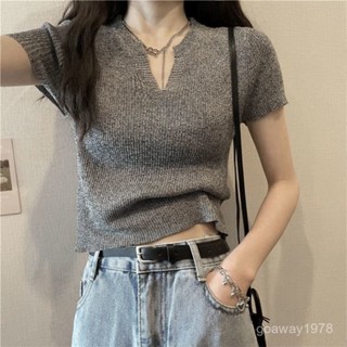 婷婷辣妹女裝店⭐ 臺灣出貨 【店鋪熱銷】冰絲 正肩 短袖 T恤 女 夏季 新款 小個子 修身 顯瘦灰色v領辣妹針織上衣潮