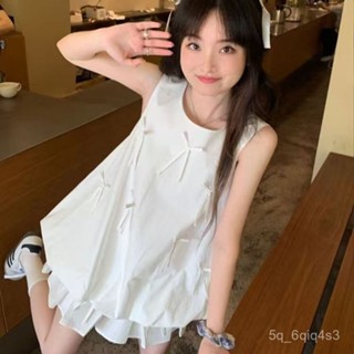 夏季爆款🔥多巴胺2025套裝夏季新款蝴蝶結甜美花苞寬鬆上衣無袖ins風兩件套夏季穿搭 LEEU