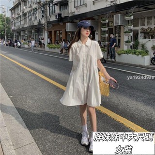 胖妹妹👗特大碼150公斤時尚溫柔連衣裙子夏天韓版寬鬆polo領襯衫上衣寬鬆休閑百搭風氣質減齡連身裙翻領洋裝