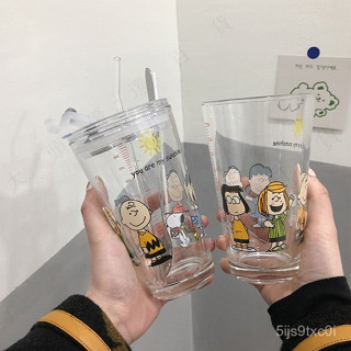 吸管玻璃杯 可愛 史努比 卡通 查理 玻璃杯 牛奶杯 果汁杯 耐熱杯子 環保杯刻度杯 水杯 玻璃水壺 杯子隨行吸管杯咖啡